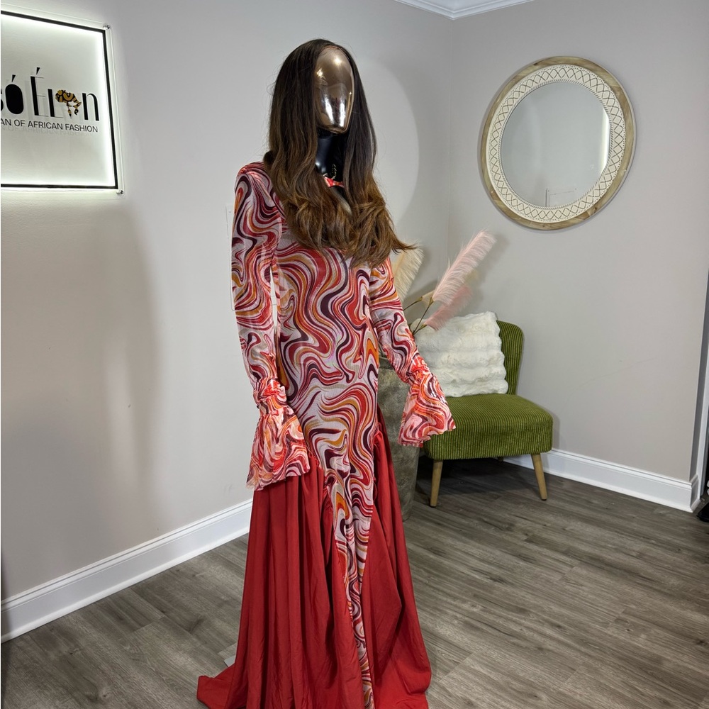 Elegant Swirl Pattern Maxi Dress - Red